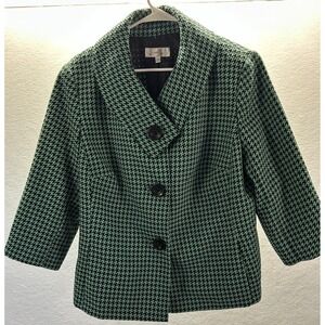 Emily Women's Sz 14W Green Houndstooth Three Button Jacket Shawl Collar Pockets